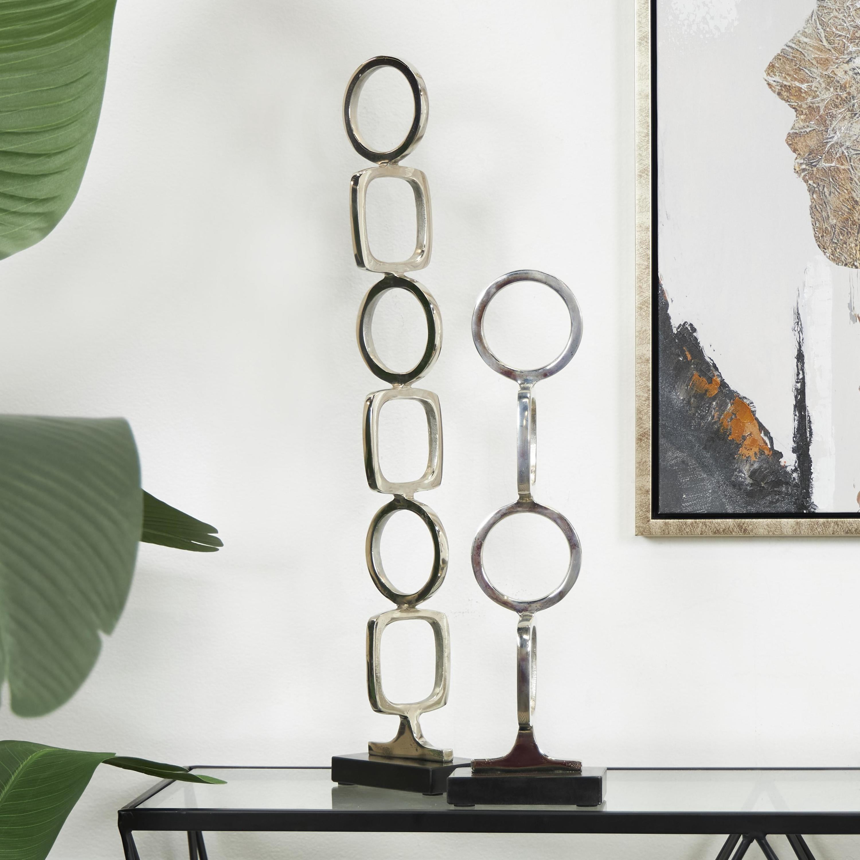 28", 19"H Silver Aluminum Metal Stacked Geometric Rings Abstract Sculpture with Black Marble Bases, by DecMode (2 Count)
