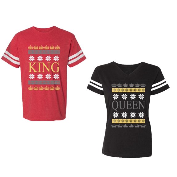Christmas King Queen Unisex Couple Matching Cotton Jersey style T-Shirt Contrasting stripes on sleeves (Men Red / Women Black) (Men S / Women S)