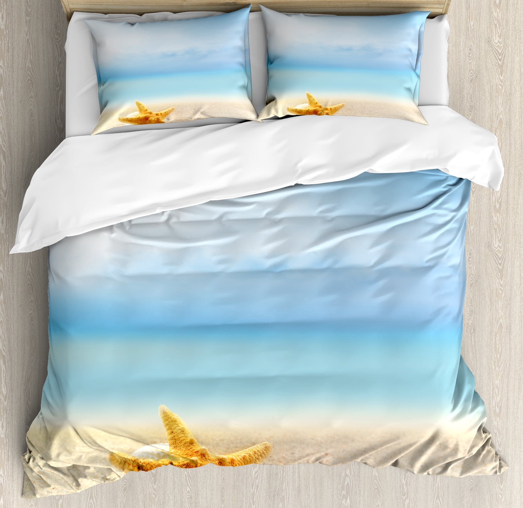 Starfish Decor Queen Size Duvet Cover Set Scallop Seashell And