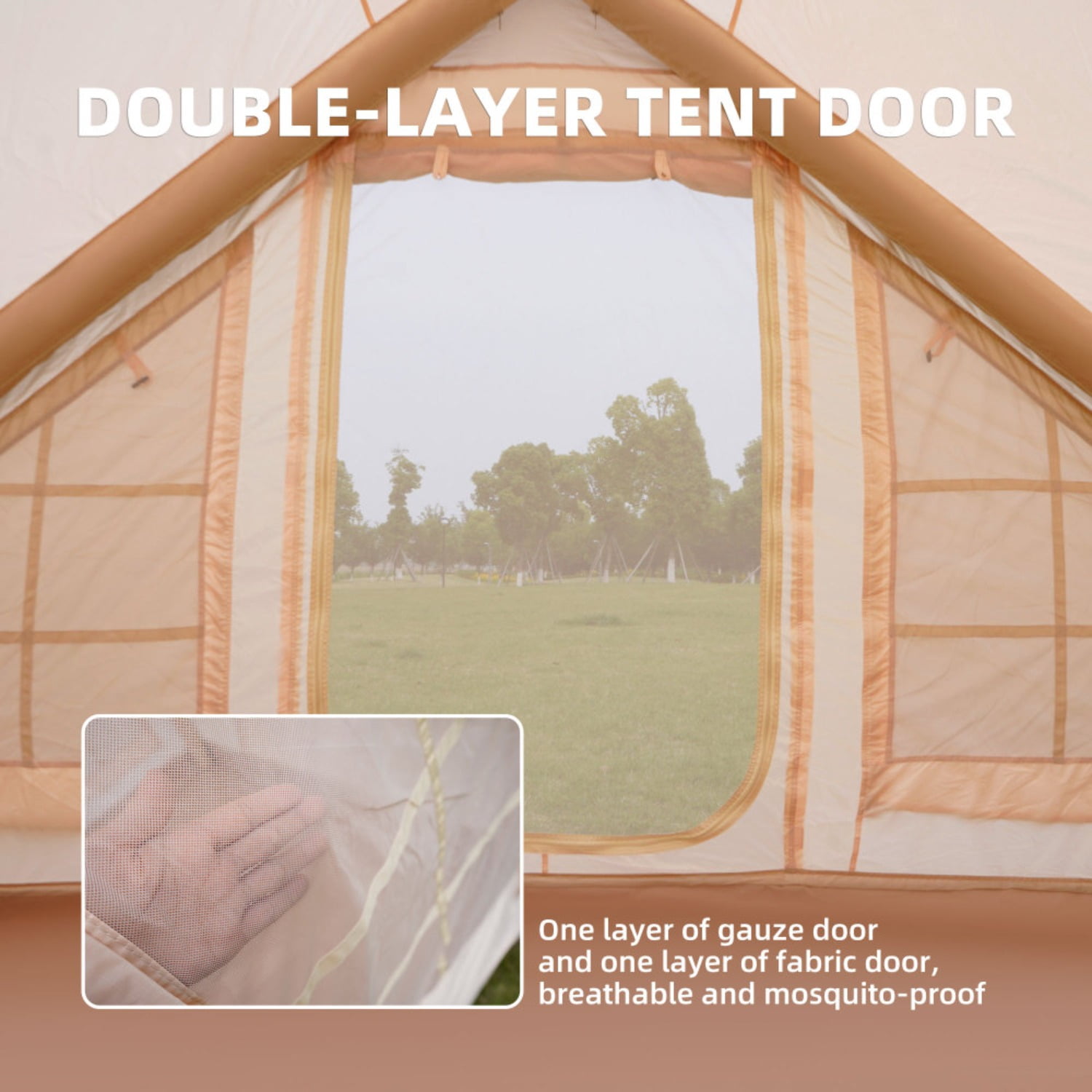 Inflatable Camping Tents with Hand Pump, Air Glamping Tents, Easy Setup Waterproof and Windproof Blow up Tent, 4 Seasons Oxford Cabin Tent with Mesh & Chimney Window.
