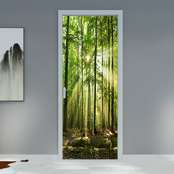 3D Door Sticker Wallpaper, Door Murals Decals Peel and Stick, Removable Self-Adhesive Wall Mural Door Covers Decorative,Sunshine Green Forest Sticker Bedroom Study Bathroom Door Wall Sticker