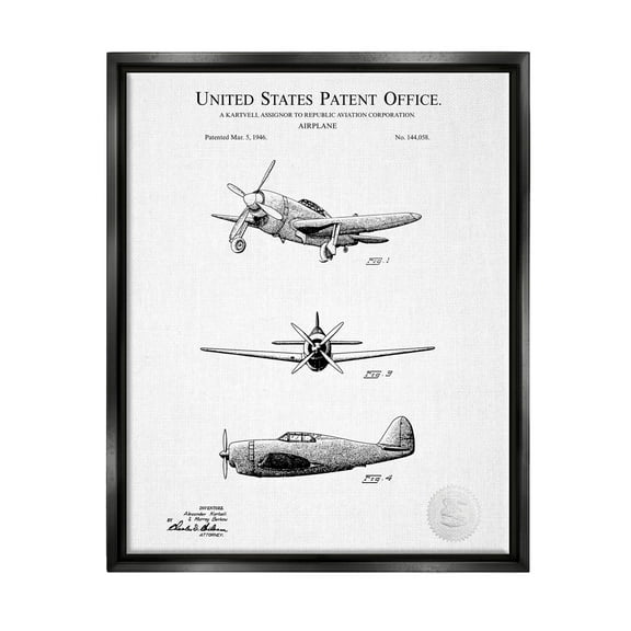 Stupell Industries Intricate Airplane Diagram Patent Graphic Art Jet Black Floating Framed Canvas Print Wall Art, Design by Karl Hronek