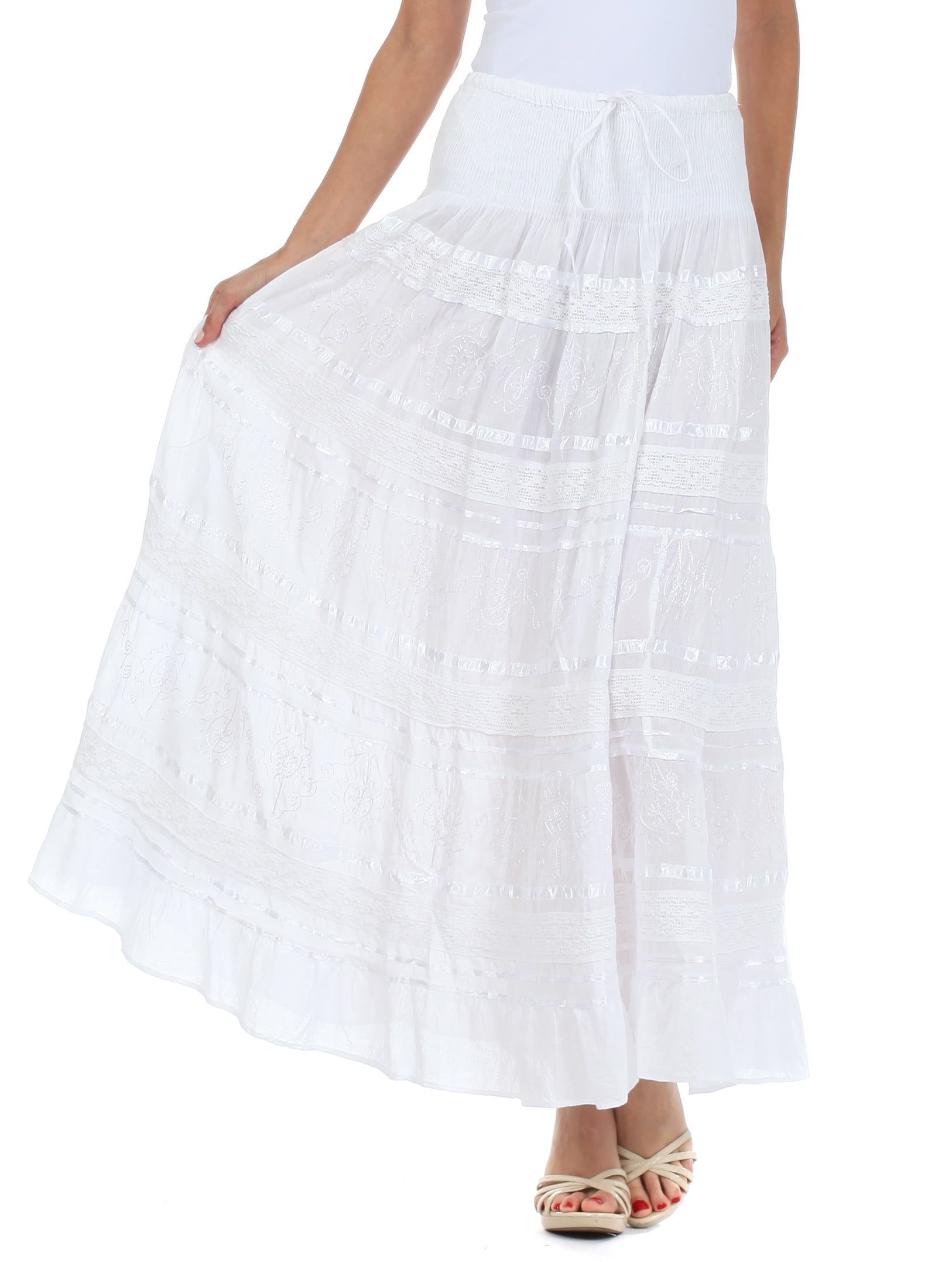 Sakkas Lace and Ribbon Peasant Boho Skirt - White - One Size - Walmart.com