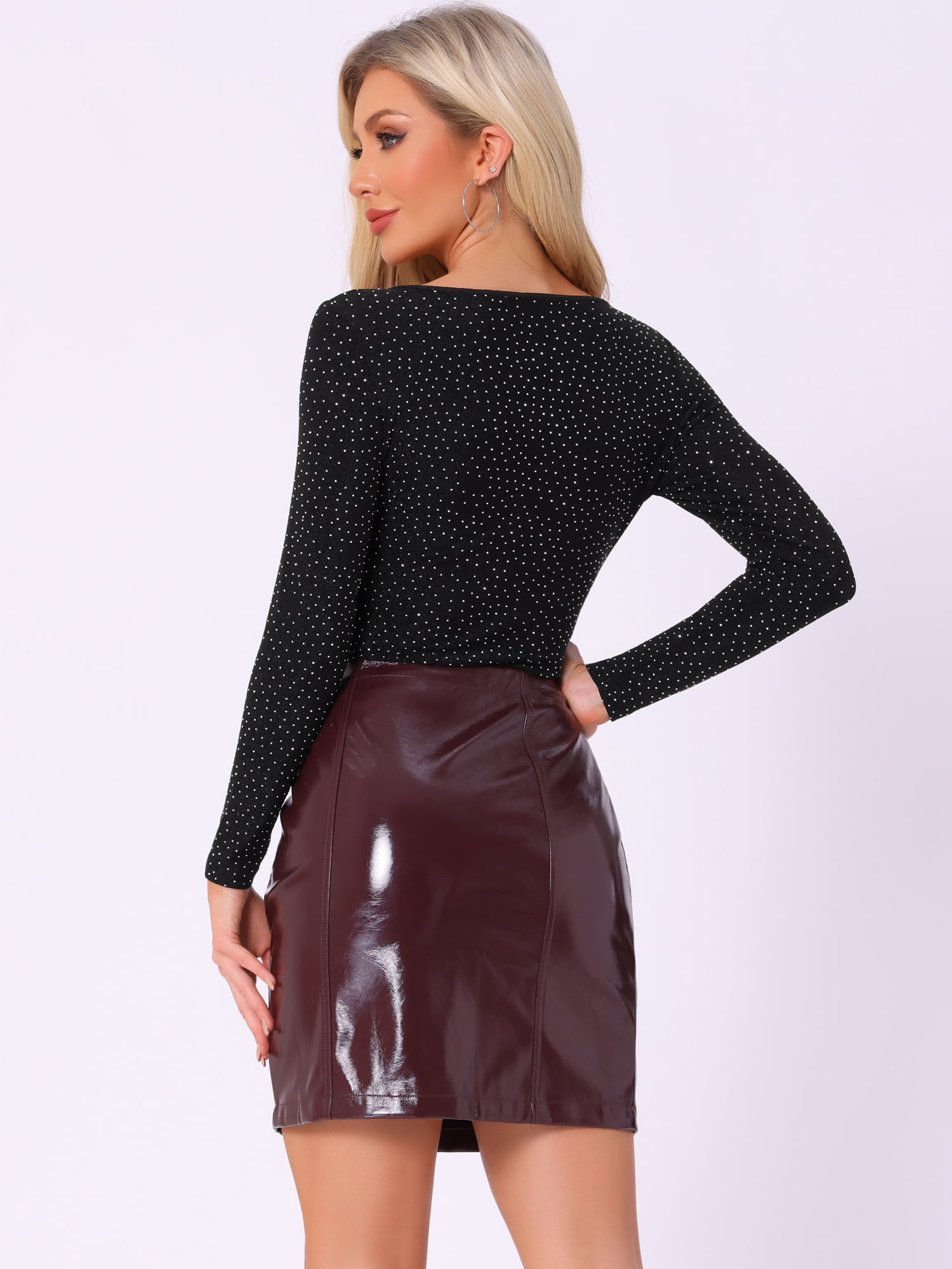 DARING DIVA Metallic Shiny Dots Square Neck Long Sleeve Top M Black