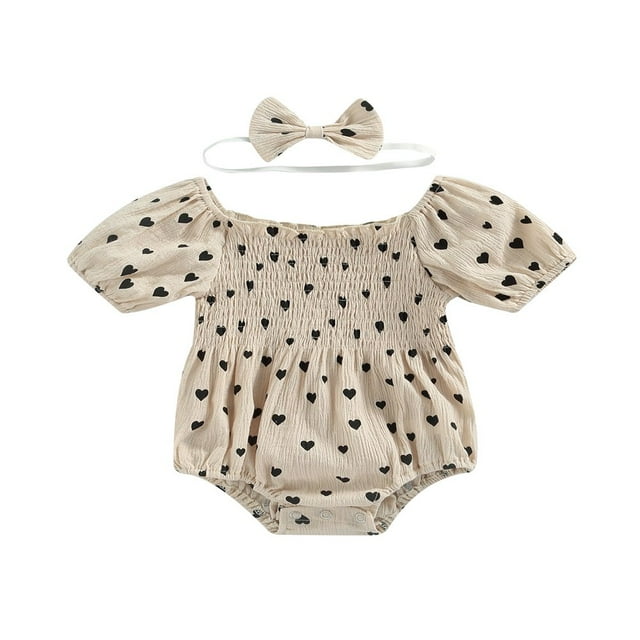 Summer Baby Girls Romper Infant Sweet Style Heart Printing Lace Collar Puff Short Sleeve Ruched Jumpsuit + Bow Headwear