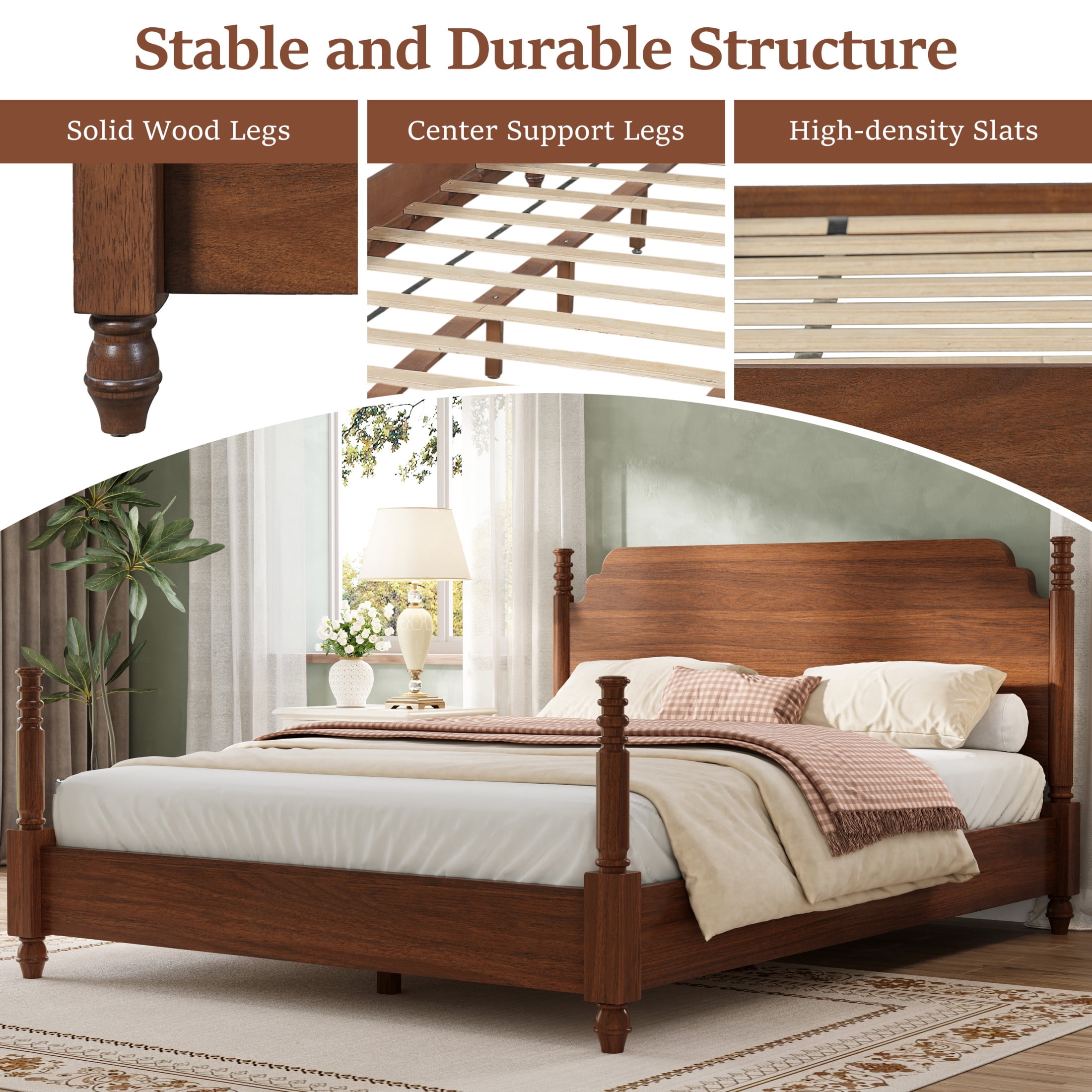 Christopher Knight Home Farmhouse King Platform Bed with Curved Headboard, Turned Legs, Walnut Brown