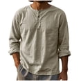 thumbnail image 2 of Men's Summer Linen Long Sleeve Shirt, Lightweight Breathable Casual Button Crewneck Tops, Loose Fitting Blouse for Beach Vacation Holiday Wear Beige M, 2 of 5