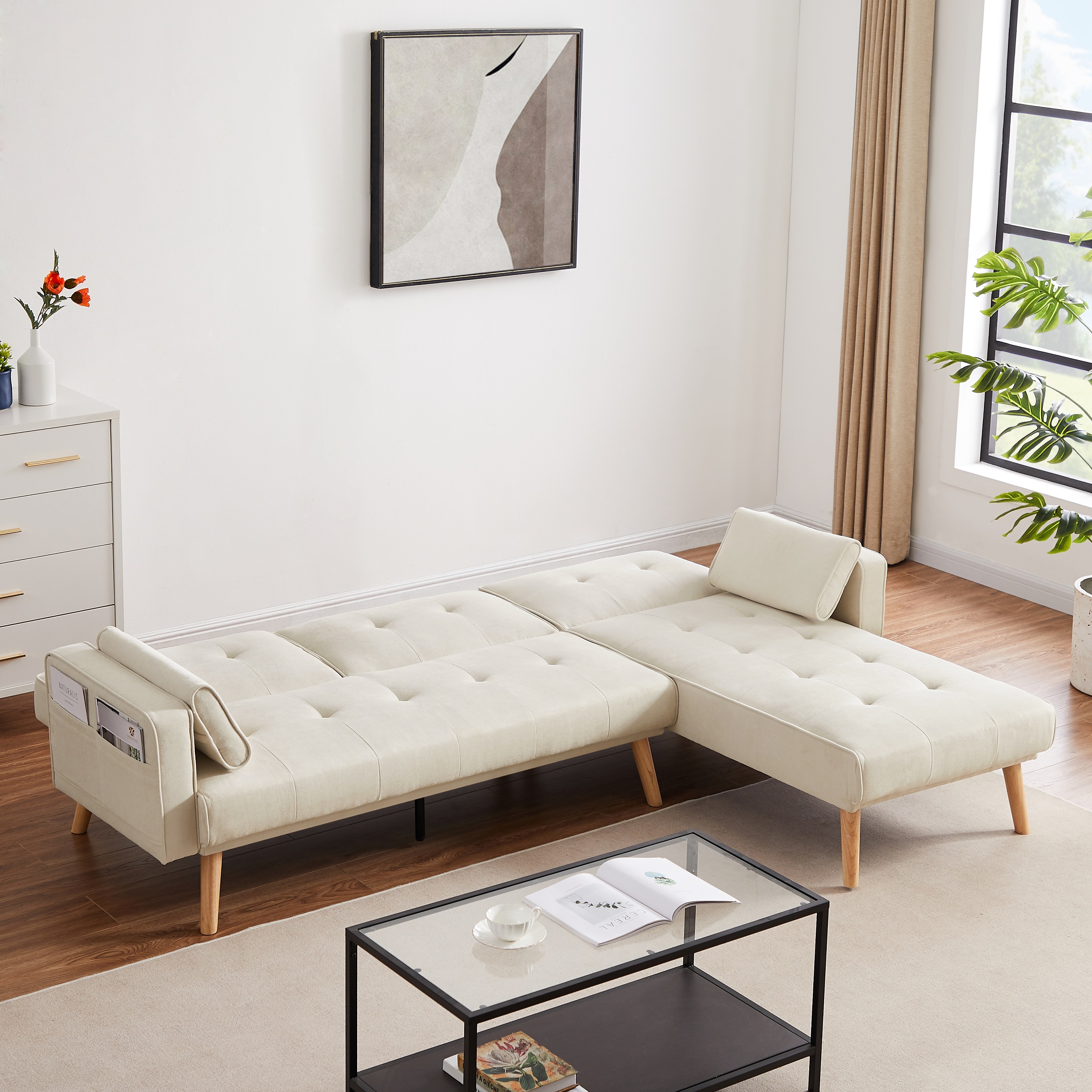 DEALTOPS Convertible Sectional Sofa Upholstered Sleeper Sofa Couch Bed with Left Chaise L-shaped Corner&nbsp;Sofa Chair for Living Room - Dark Beige
