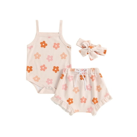 

Wassery Baby Infant Girls Summer Outfits Floral Print Sleeveless Hanging Neck Tank Tops with Floral Casual Ruffle Shorts and Headband 3Pcs Set 0-18M
