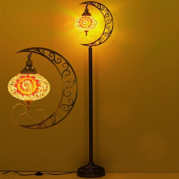 3D Crescent Moon Turkish Floor Lamp - 60 Inch Boho Lamp, 8 Inch Stained Glass Shade, Handmade for Living Room, Bulb Included