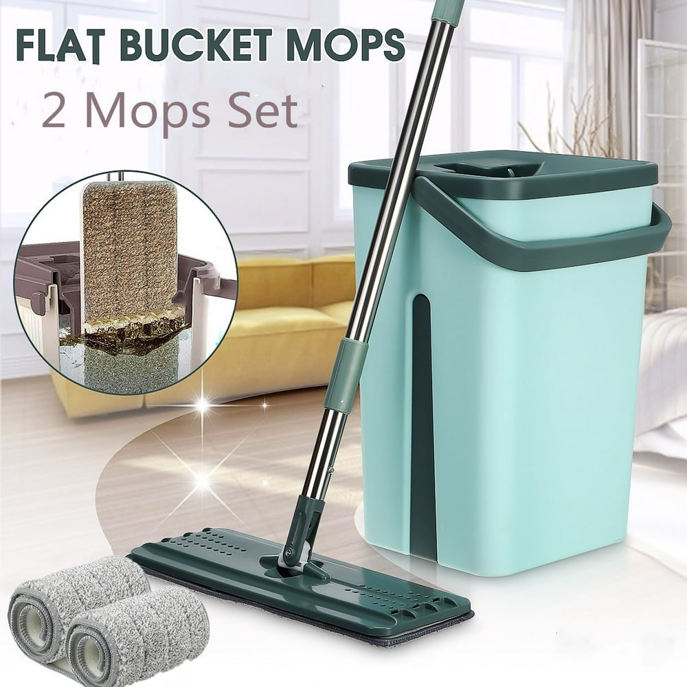Kitchen + Home Wash & Dry Mop , Self Cleaning Flat Mop and Bucket System with 2/4/6Pcs Reusable
