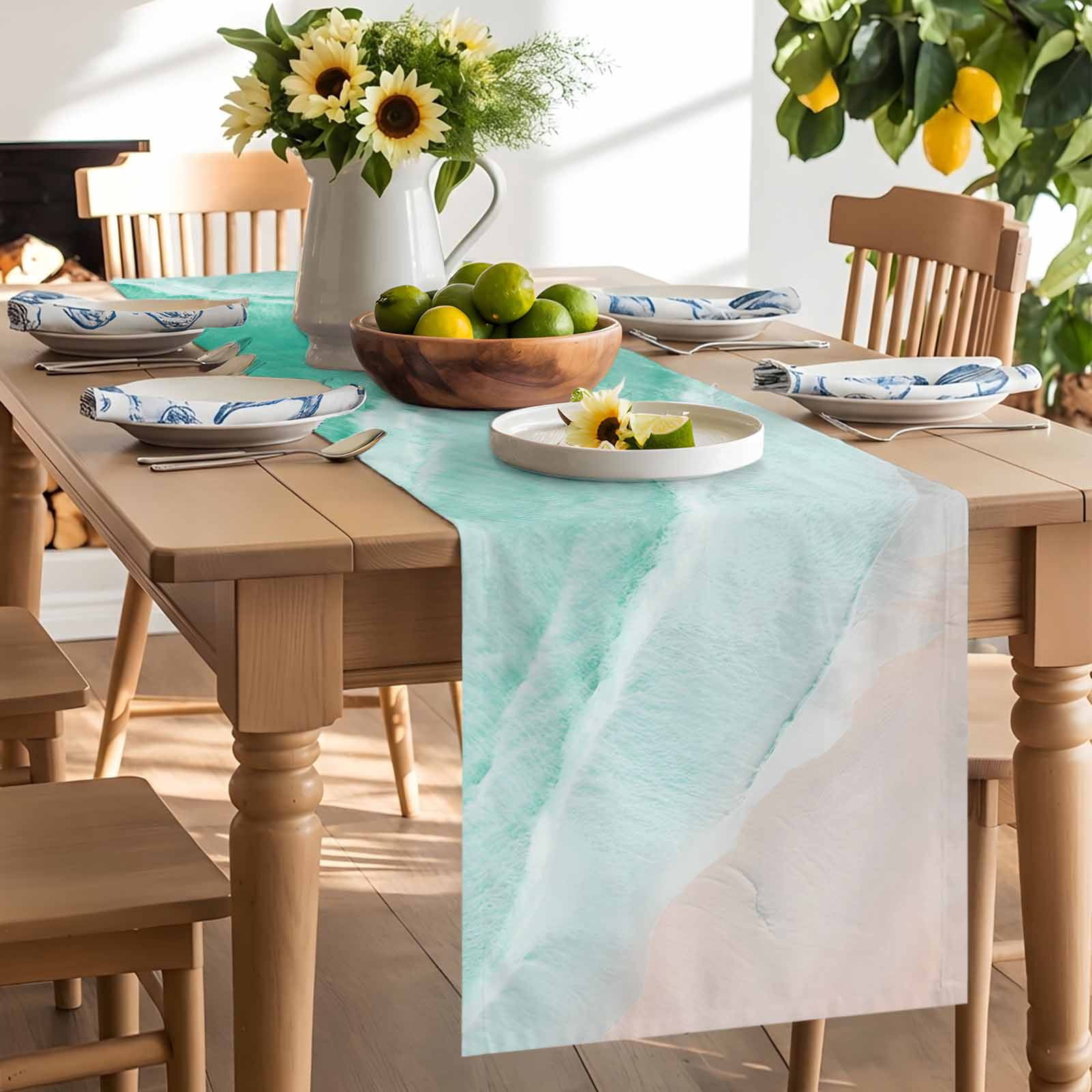 Summer Beach Green Water Ripples Table Runner 90 Inches Long, Coastal Seaside Waves Table Runners Tabletop Scarf Kitchen Dining Tables Decoration for Home Party Indoor Outdoor
