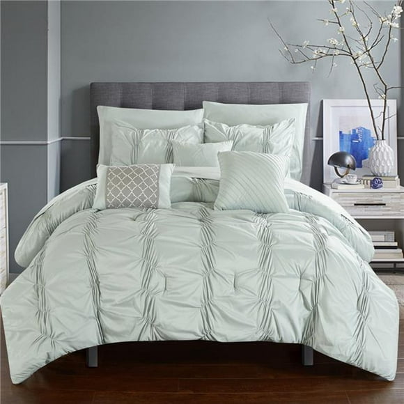 Chic Home CS2567-US Aryan Pinch Pleated, Ruffled & Pleated Complete Bed in a Bag Comforter Set with Sheets & Decorative Pillows - Green - Queen - 10 Piece