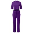 thumbnail image 4 of CILENON Airport Outfits for Women 2024 Women 's Fashion Casual 2 Piece Outfits Short Sleeve T Shirt Blouse Pants Solid Color Set Outfits Conjuntos De 2 Piezas Para Mujer (Purple,XL), 4 of 6