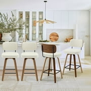 Swivel Counter Height Bar Stools, Set of 2, 26 Upholstered PU Leather Barstools with Back Wood Legs, Mid Century Modern Bar Chair Island Stool for Kitchen Counter, Cream White