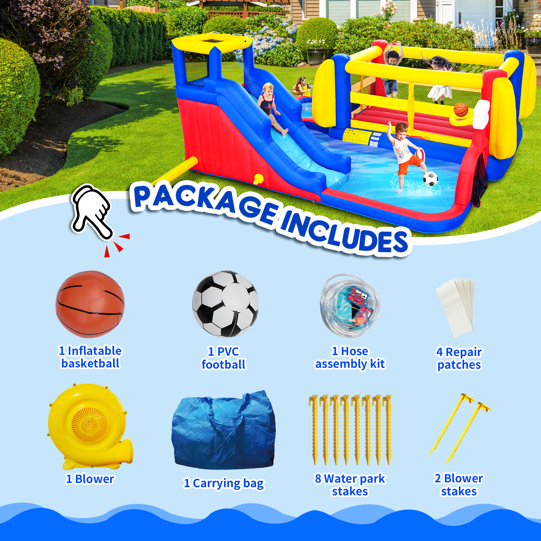 Mintazer 7-in-1 Inflatable Bounce House with Water Pool, Basketball Hoop, Climbing Wall & Water Guns, Indoor & Outdoor Play Castle for Kids