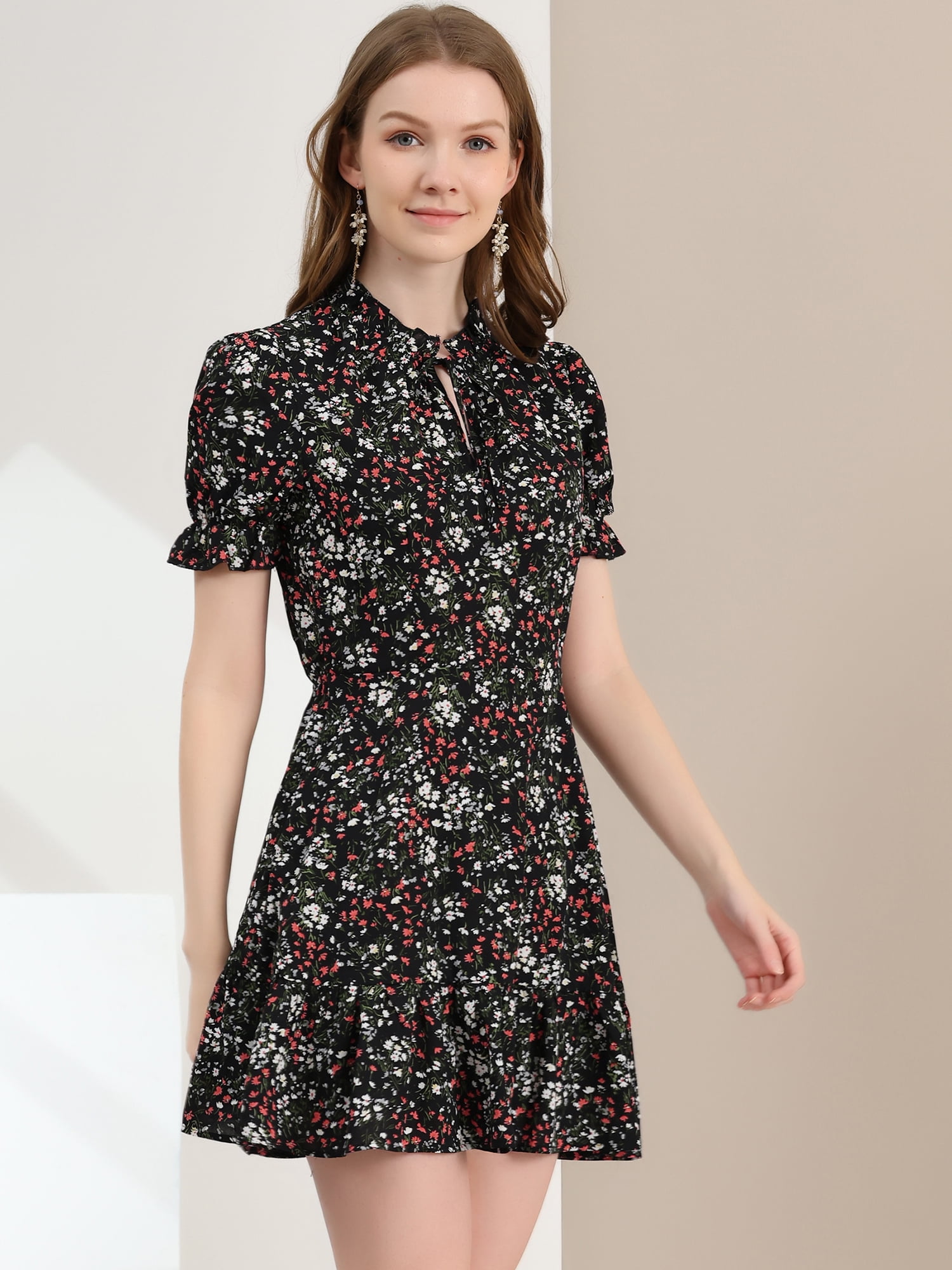 DARING DIVA Ruffle Floral Bow Tie Chiffon Puff Fit & Flare Dress XS Black-White