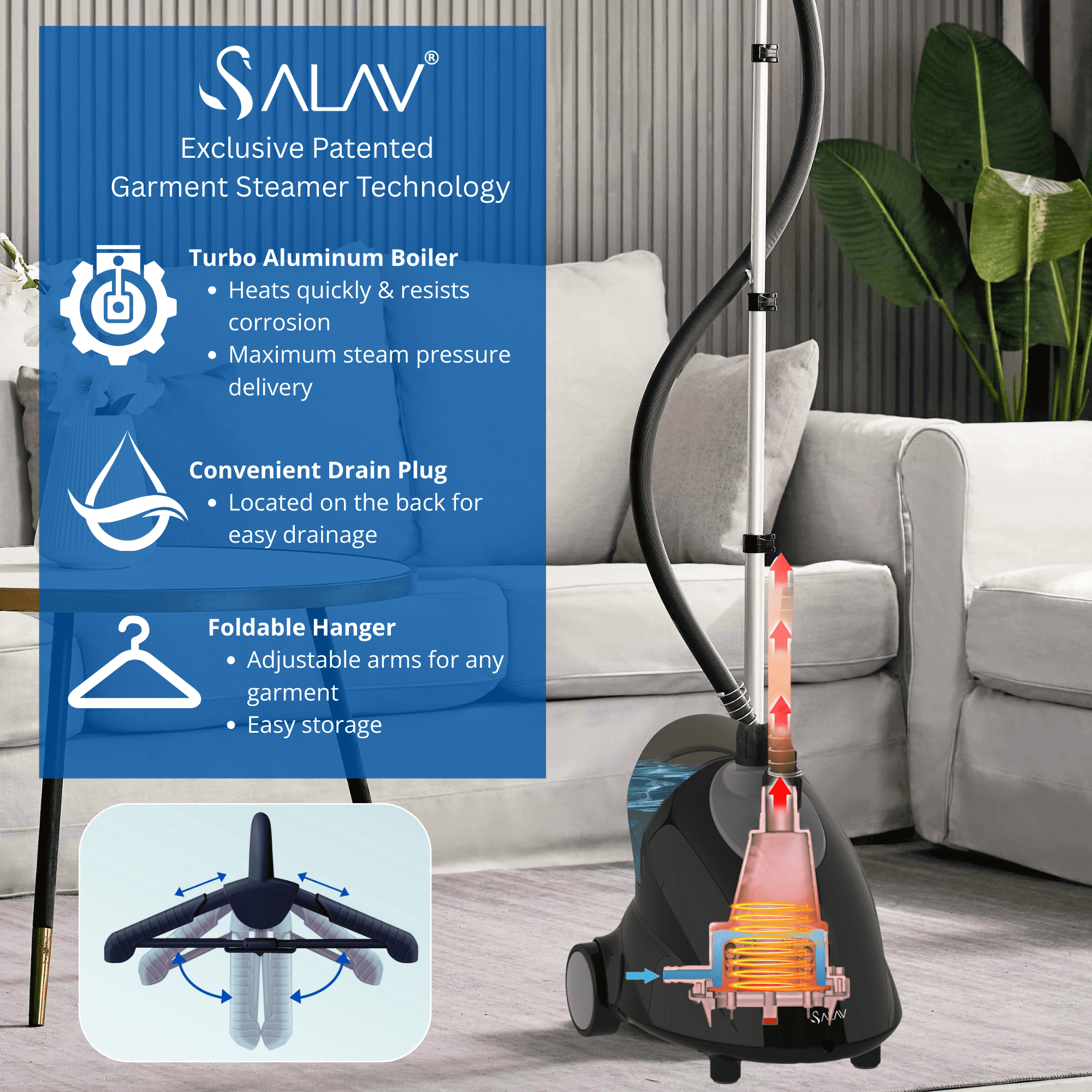 SALAV Black Continuous Steam Upright Standing Garment Steamer with Extra Large Water Tank