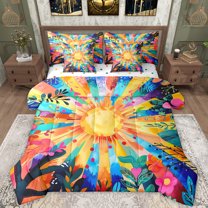 Manfei Watercolor Striped Lines 7 Pieces Bedding Comforter Set,Boho bohemian Style Full Bedding Set,Rustic Plant Flower Fitted Sheet Flat Sheet For Girl,Breathable Home Decor Reversible