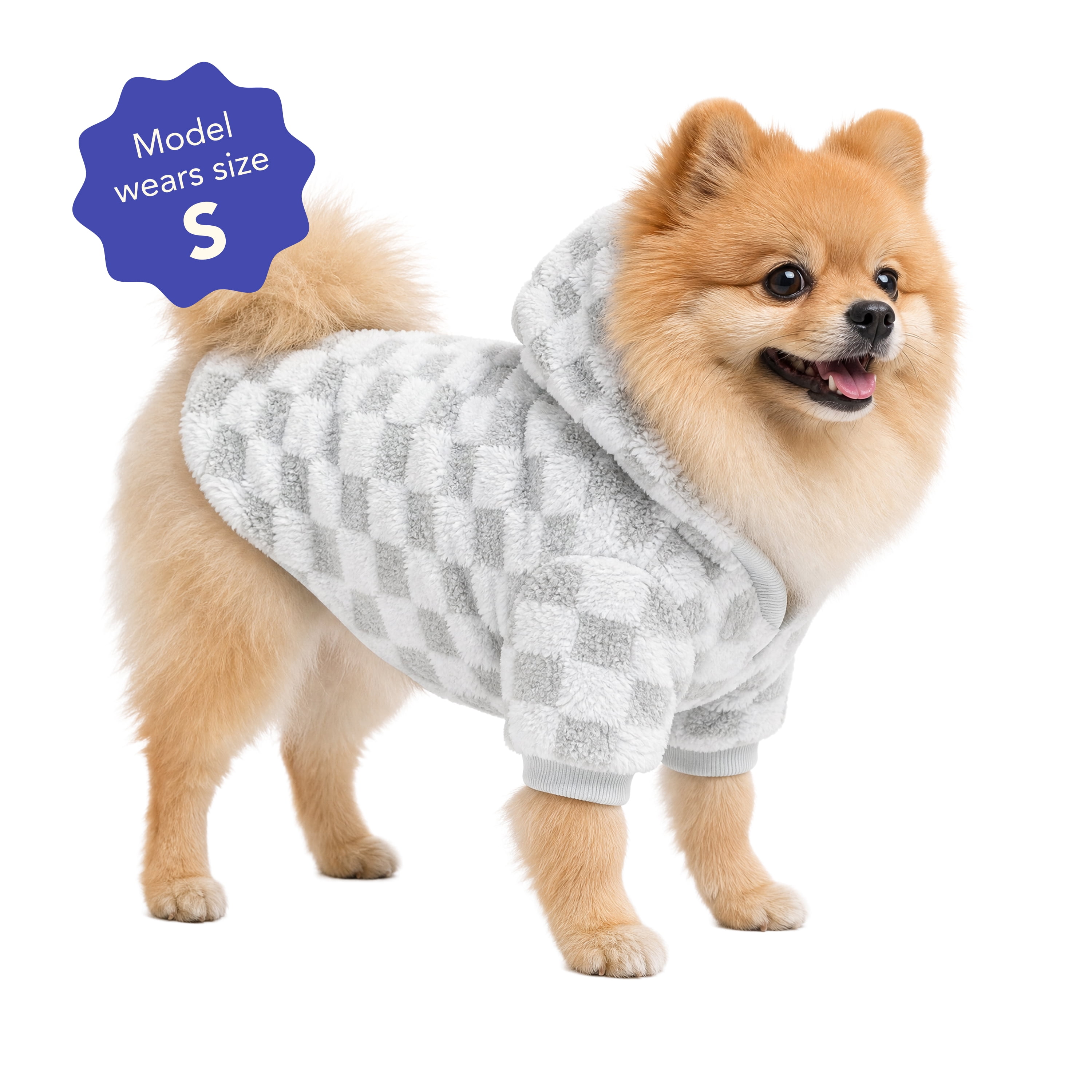 Oodles Checkerboard Fall Sherpa Dog Hoodie, Blue, Small