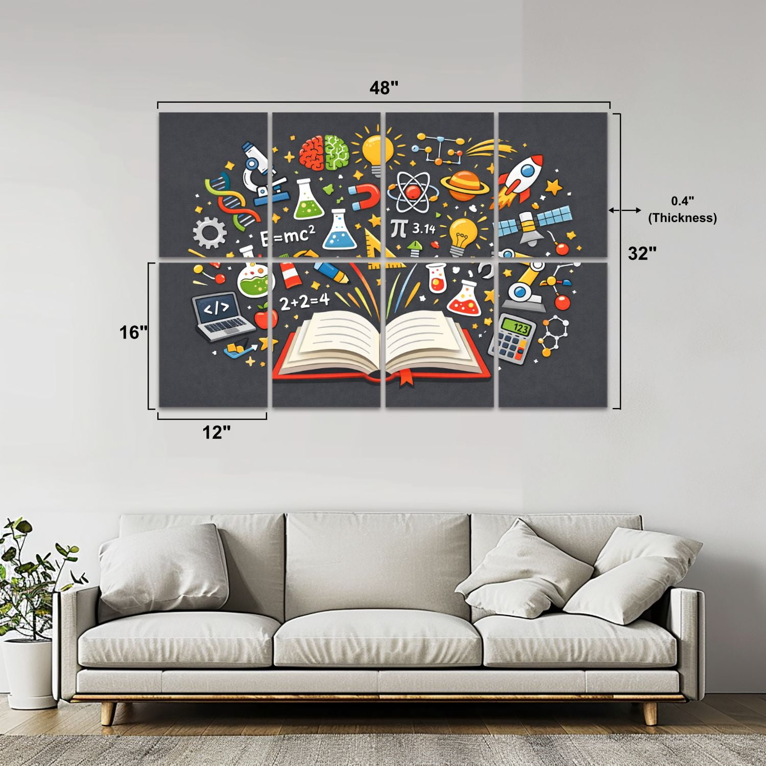Classroom 8 Pack Art Acoustic Panels Sound Absorbing Science Education Symbols Knowledge Technology Math Decorative Soundproof Wall Panels Self Adhesive for Nursery Kids Game Room 48"x32"