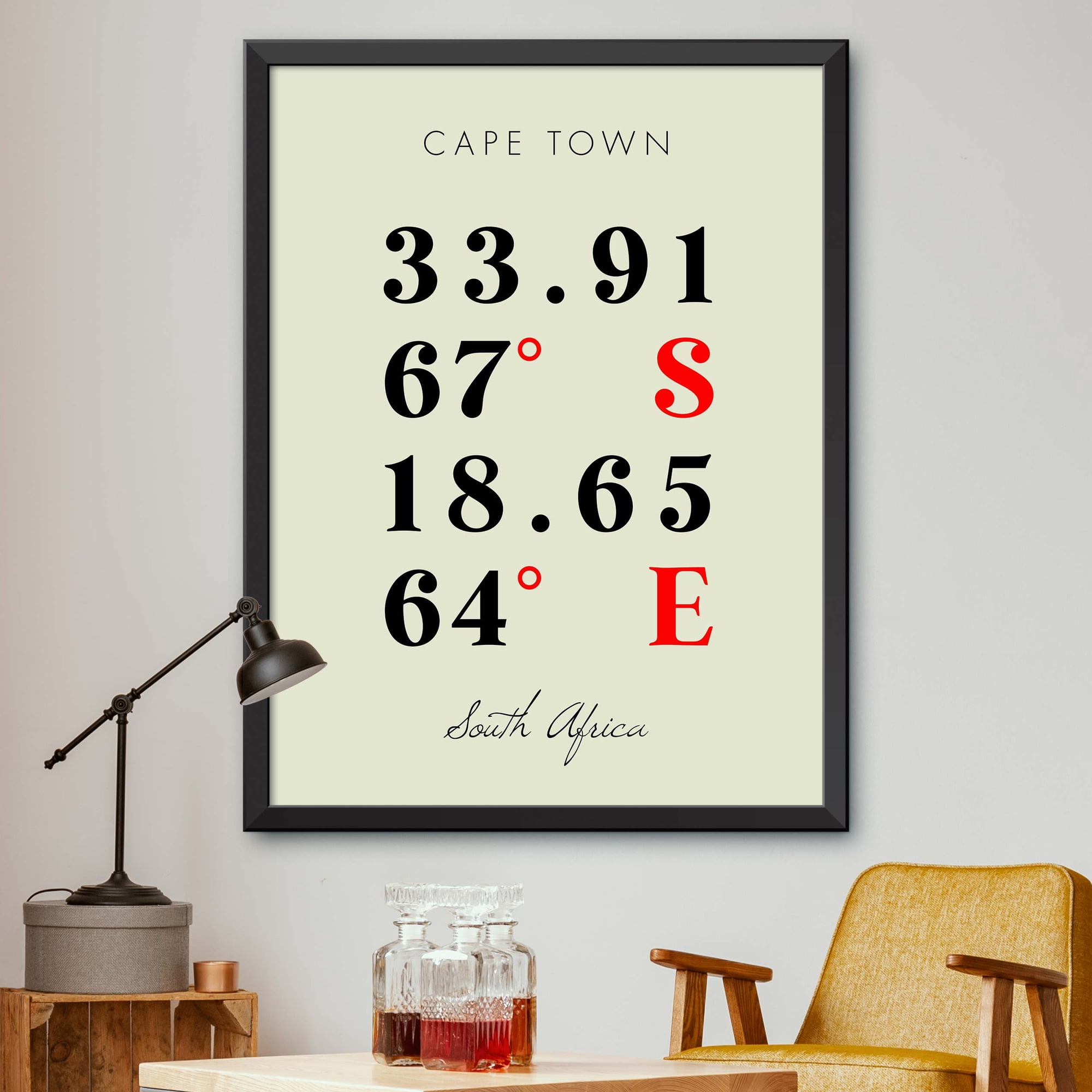 Map of Cape Town, South Africa, Multiline Coordinates Colored (8x10)