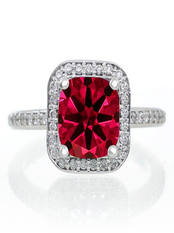1.5 Carat Princess Cut Ruby Classic Halo Engagement Ring on 10k White Gold