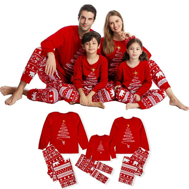 Matching Family Christmas Tree Pajamas Set Xmas Sleepwear Dad Mom Kids