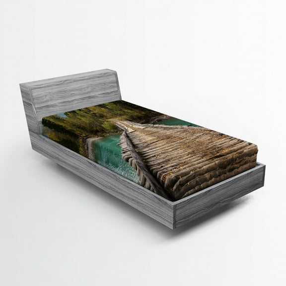 Landscape Fitted Sheet, Old Wood Bridge over River Belaya Berel and Evergreen Forest Eastern Kazakhstan, Soft Decorative Fabric Bedding, Twin Size, Brown Green, by Ambesonne