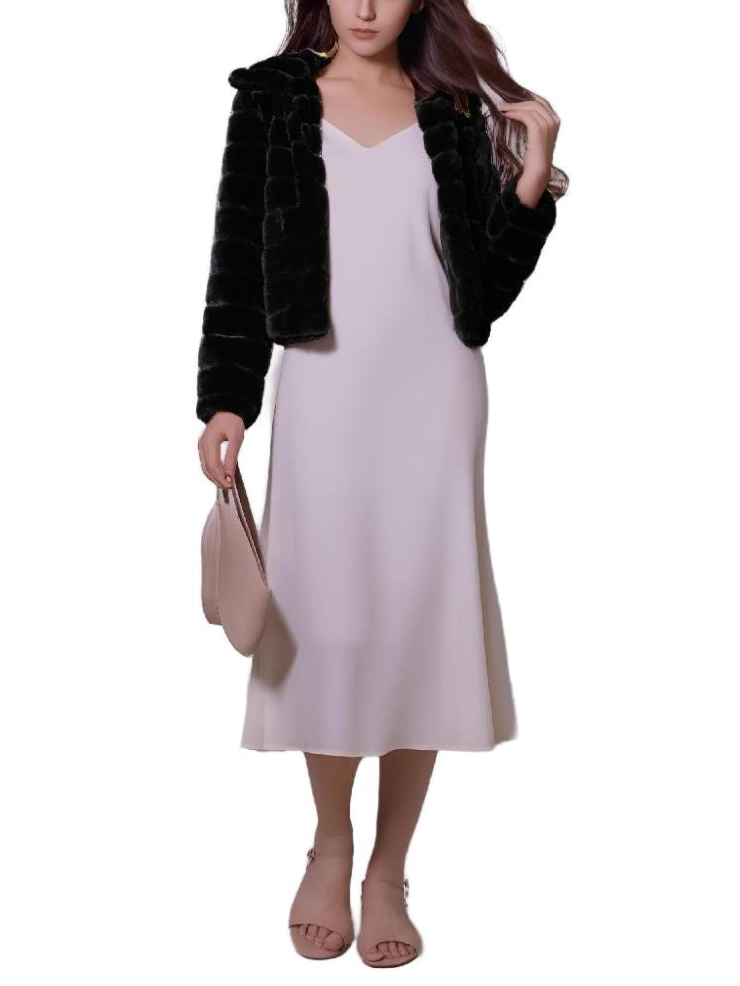 DARING DIVA Women's Faux Fur Fluffy Coat Collar Cropped Jacket XL Black