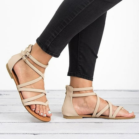 

BRISEZZS Womens Flat Sandals- Solid Thin Straps Casual Clip-Toe Cross Strap Open Toe Summer Sandals #561 Beige