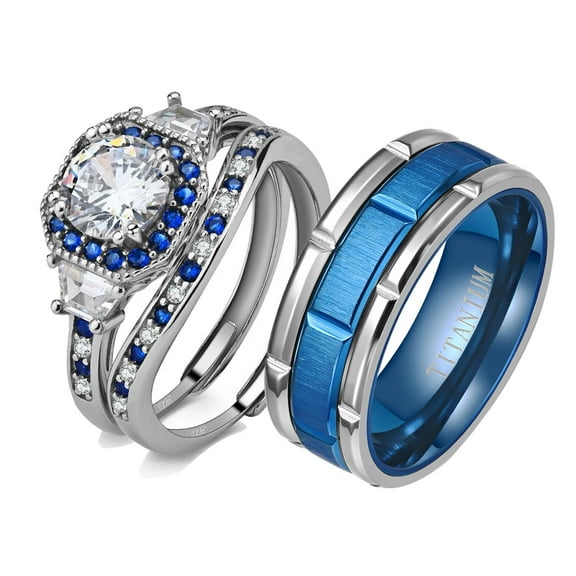 Adjustable size Wedding Ring Sets His And Hers Couples Women 925 Sterling Silver Blue Sapphire Diamond Man Titanium Wedding Bands