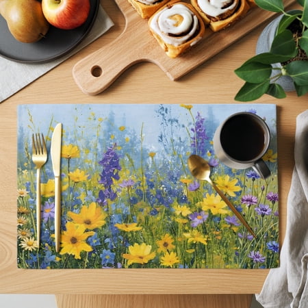 Daisy Larkspur Placemats Set of 6, Rustic Yellow Purple Blue Floral Green Meadow Non-Slip Place Mats Washable Table Mats for Kitchen Dining Table Decorations Indoor/Outdoor