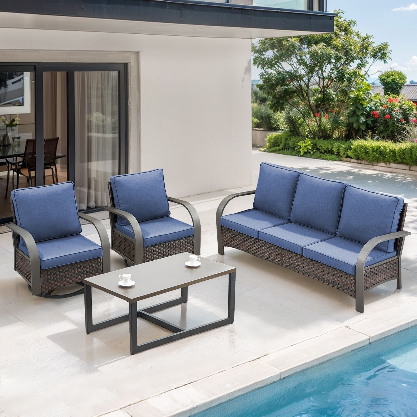 OPOHORO 4-Piece Outdoor Patio Conversation Set, 75-Inch Wicker Sofa with 2 Swivel Rocker Chairs and Coffee Table, Brown Rattan Furniture with Blue Cushions for Deck or Porch