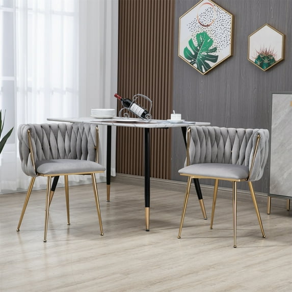 Modern Dining Chairs Set of 2, Velvet Accent Chair with Upholstered Tall Back, Lounge Chair with Gold Metal Legs for Living Room Bedroom Waiting Room, Grey