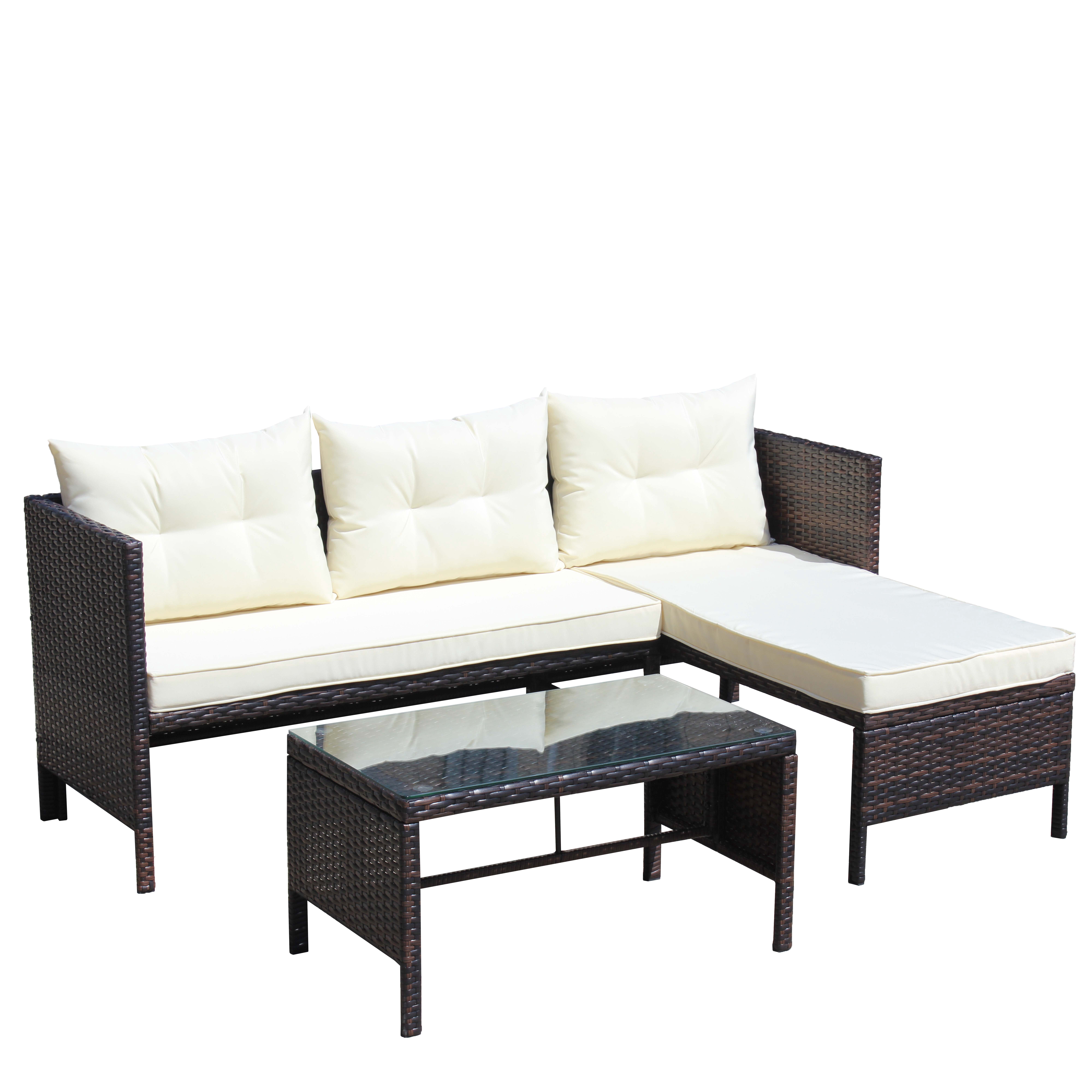 Outdoor Patio Furniture Sets 3 Piece Conversation Set wicker Ratten Sectional Sofa With Seat Cushions (Beige Cushion)