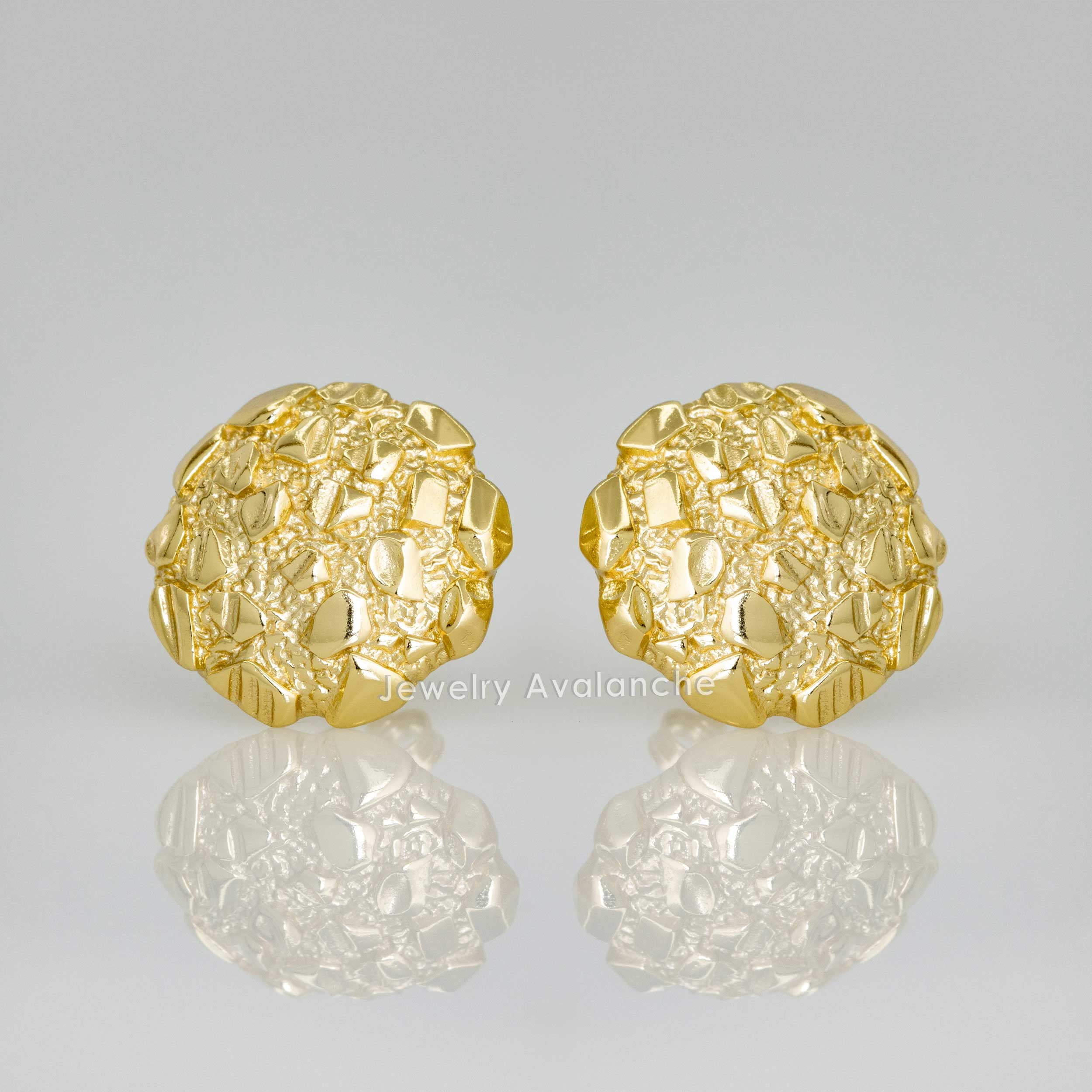 Nugget Stud Earrings - Yellow Gold Plated Sterling Silver Textured Chunky Studs - Hypoallergenic Minimalist Earrings for Men-Women 14mm