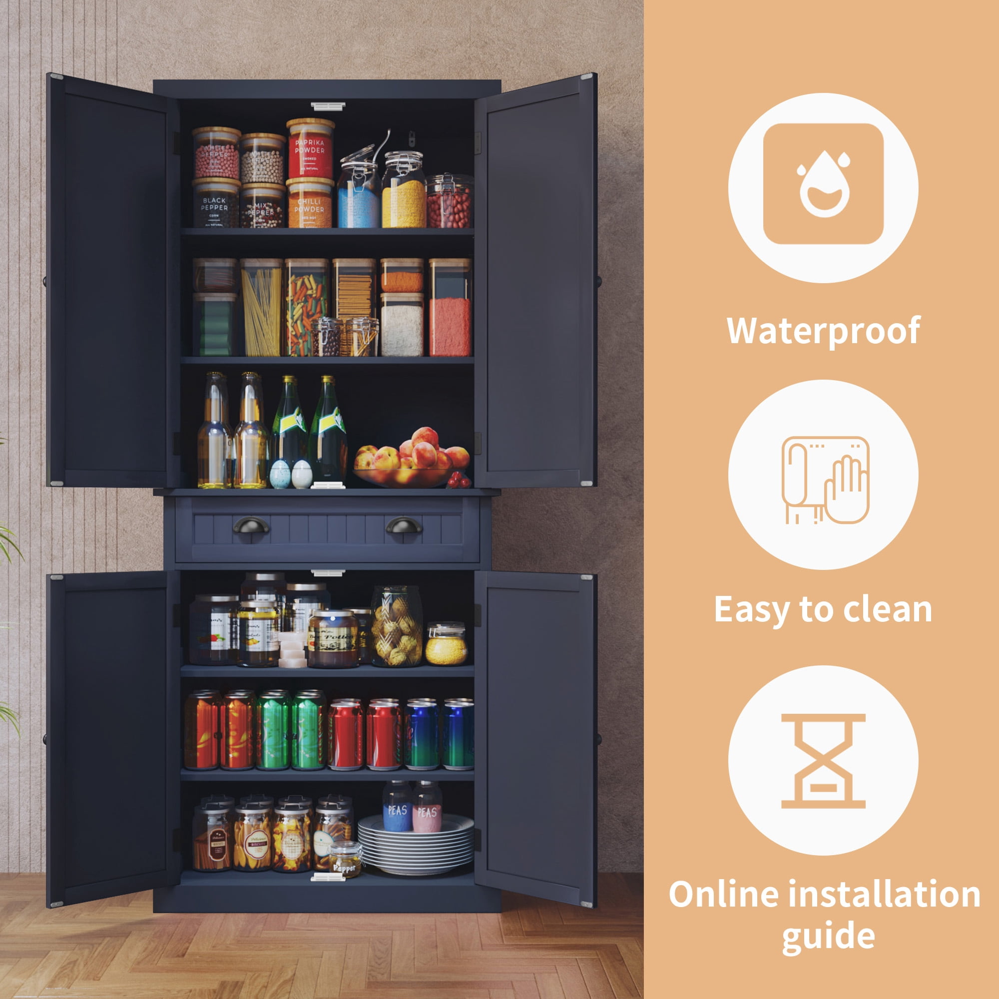 72" Tall Kitchen Pantry Cabinet with Drawer & Adjustable Shelves, Freestanding Storage Cabinet, Navy Blue
