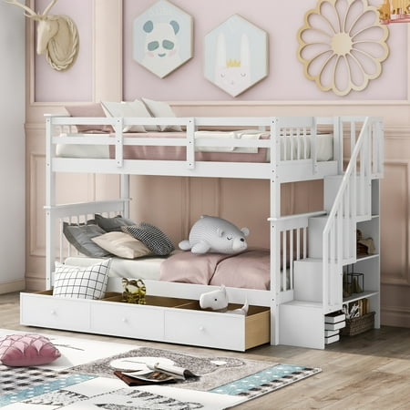 White Stairway Twin-Over-Twin Bunk Bed with Three Drawers for Bedroom, Dorm