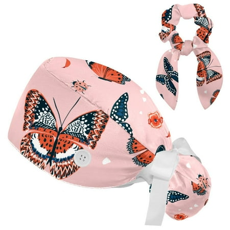 

Working Cap with Buttons and Sweatband Scrub Hat Bouffant Caps with Scrunchie Butterfly Tie Back Hats