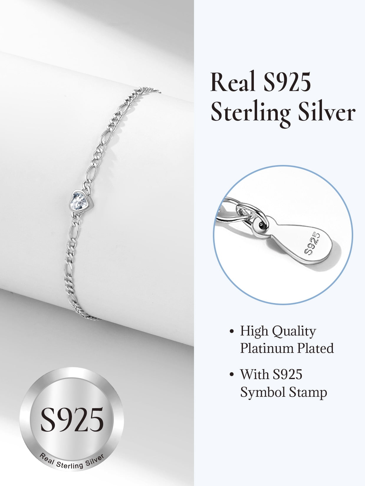 U7 Heart Anklet Bracelet for Women April White Diamond Sterling Silver Figaro Anklet Charming Summer Jewelry Gift Beach Foot Chain for Daughter