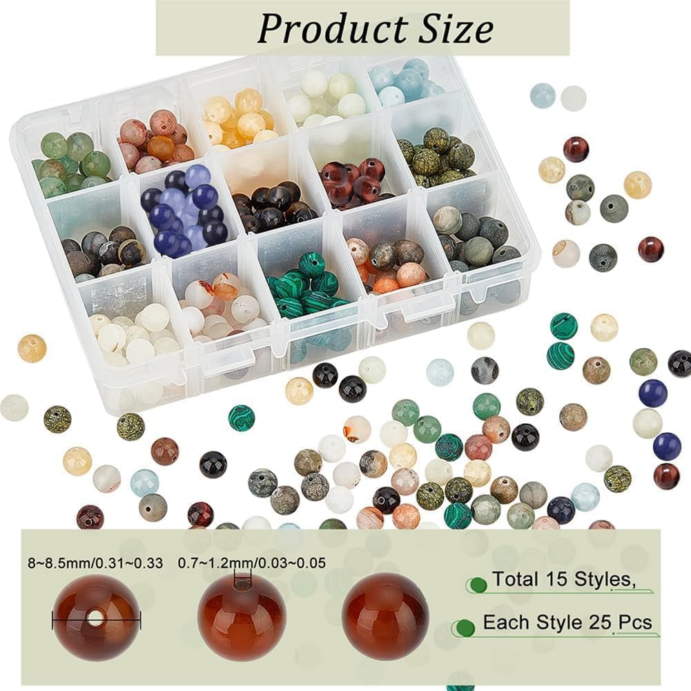 375 Pcs 15 Styles Natural Gemstone Beads 8mm Mixed Stone Spacer Beads Natural Round Loose Beads Engry Crystals Gemstone Beading for DIY Bracelet Necklaces Jewelry Making colorful