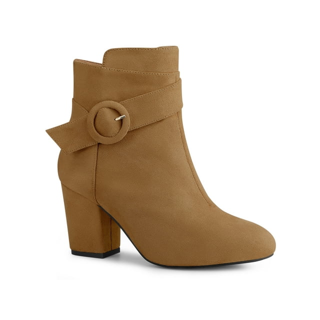 Unique Bargains Bottes à Talon Bloc à Bout Rond pour Femmes Bottines Cheville Brun US 5.5