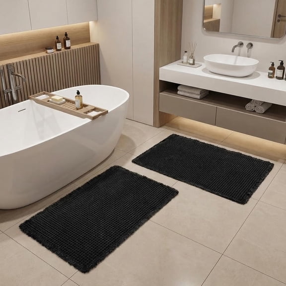 MudFree Waffle Bathroom Rugs Sets 2 Piece, Modern Woven Boho Bath Mat for Tub Non Slip, Super Absorbent Washable Floor Mat with Tassels for Bedroom Kitchen, Black