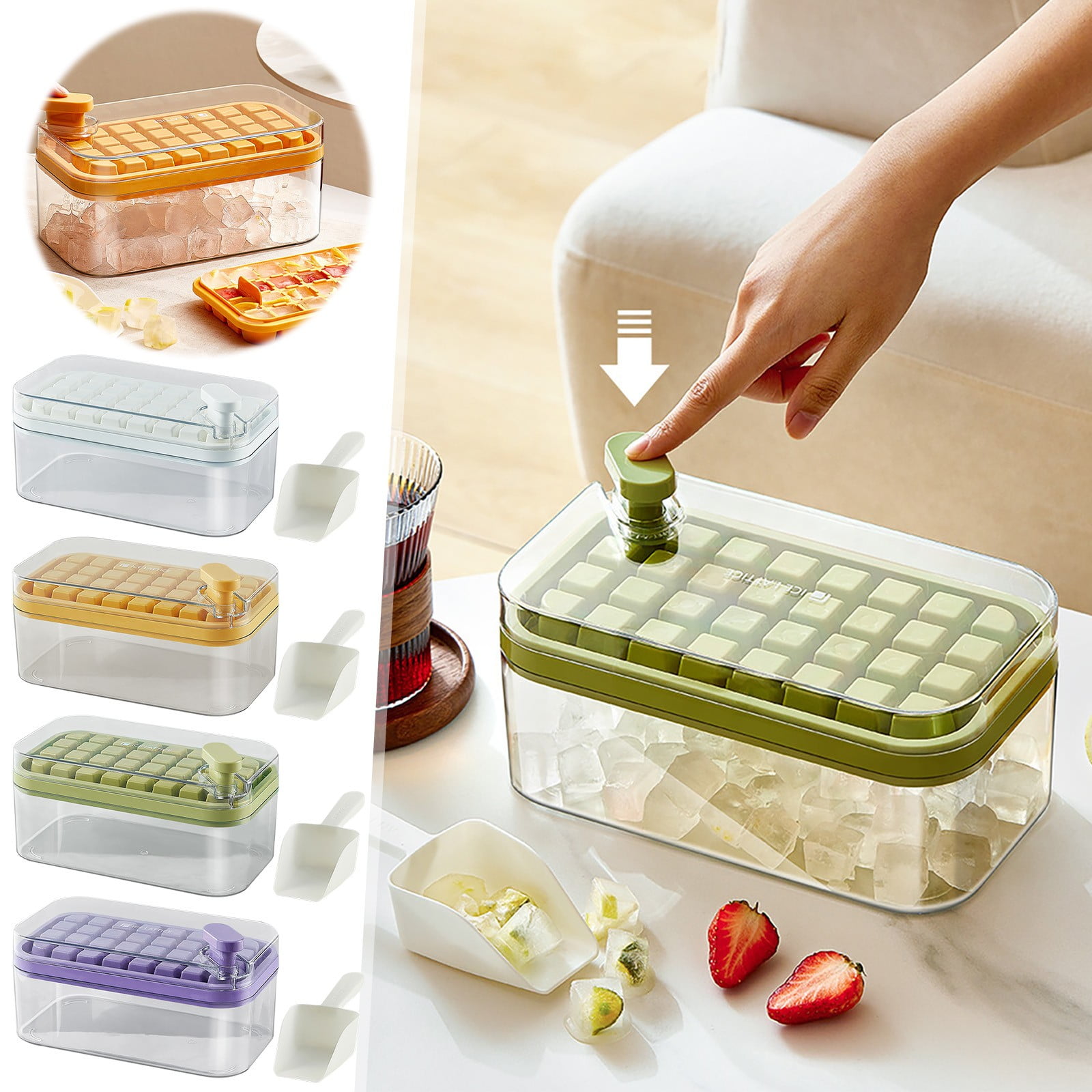 Sdjma One Touch Release Ice Cube Tray with Lid for Freezer, 64 Grids Silicone Ice Tray with Storage Bin, Easy Release Ice Cube Molds for Cocktail