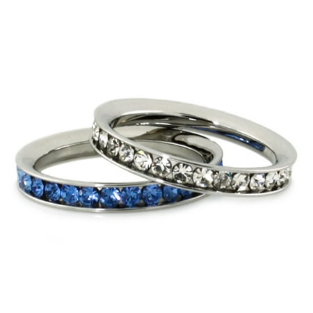 Stainless Steel Sapphire Crystal Stainless Steel Eternity 3 mm Clear & Blue Sapphire Color Crystal Stackable Rings (2 pieces) Set ()