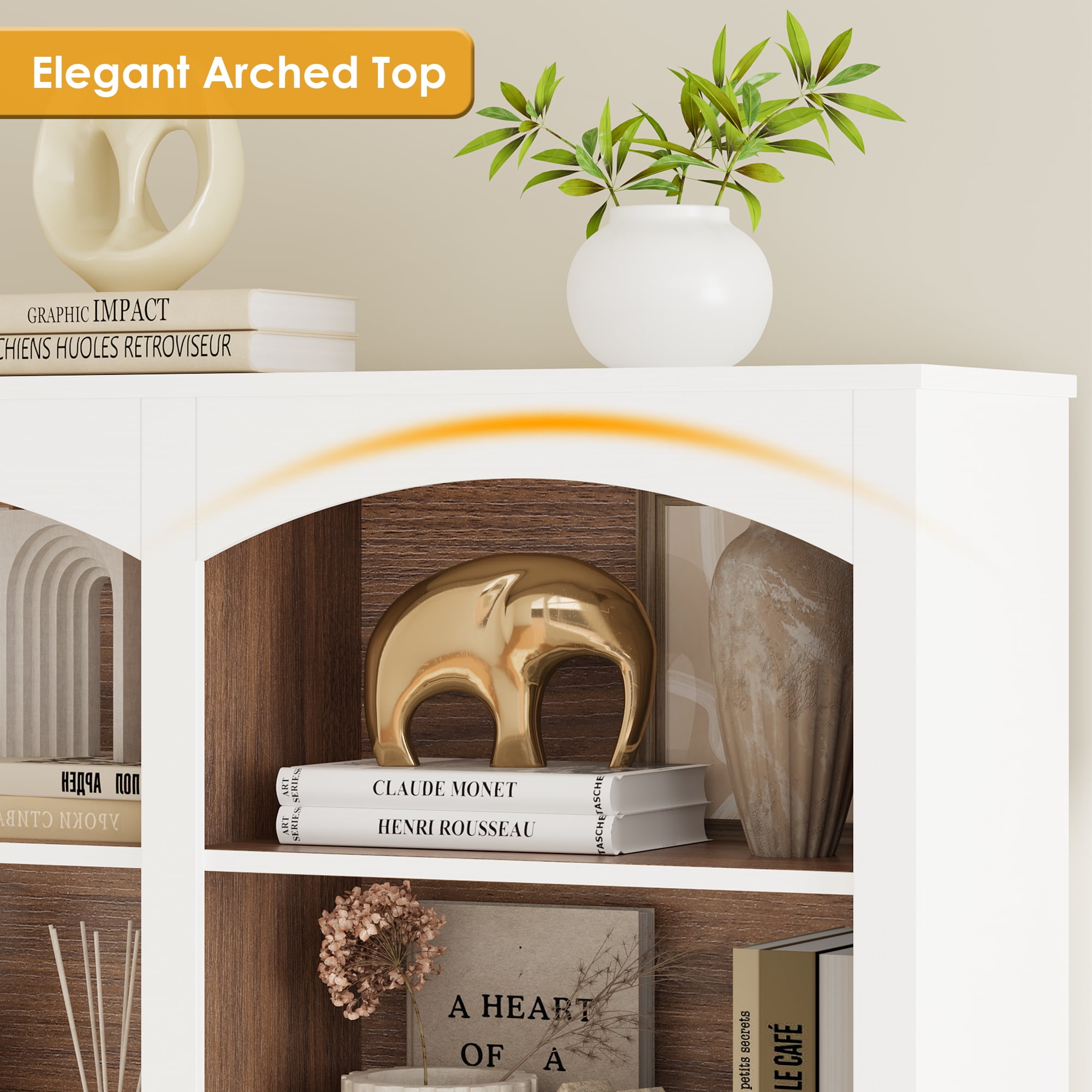 Homfa 18-Cube Bookcase and Bookshelves, 71.2" Triple Width 6 Tier Freestanding Arch Library Cabinet for Home Office Living Room, White Bark Texture & Walnut