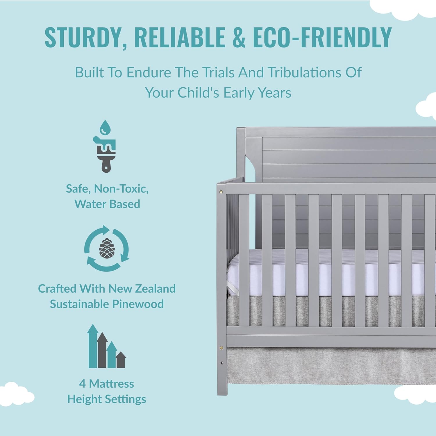 Dream On Me Cape Cod 5-In-1 Convertible Crib In Pebble Grey, Greenguard Gold And JPMA Certified, Built Of Sustainable New Zealand Pinewood, 3 Mattress Height Positions Pebble Grey Inch (Pack of 1) - image 4 of 8