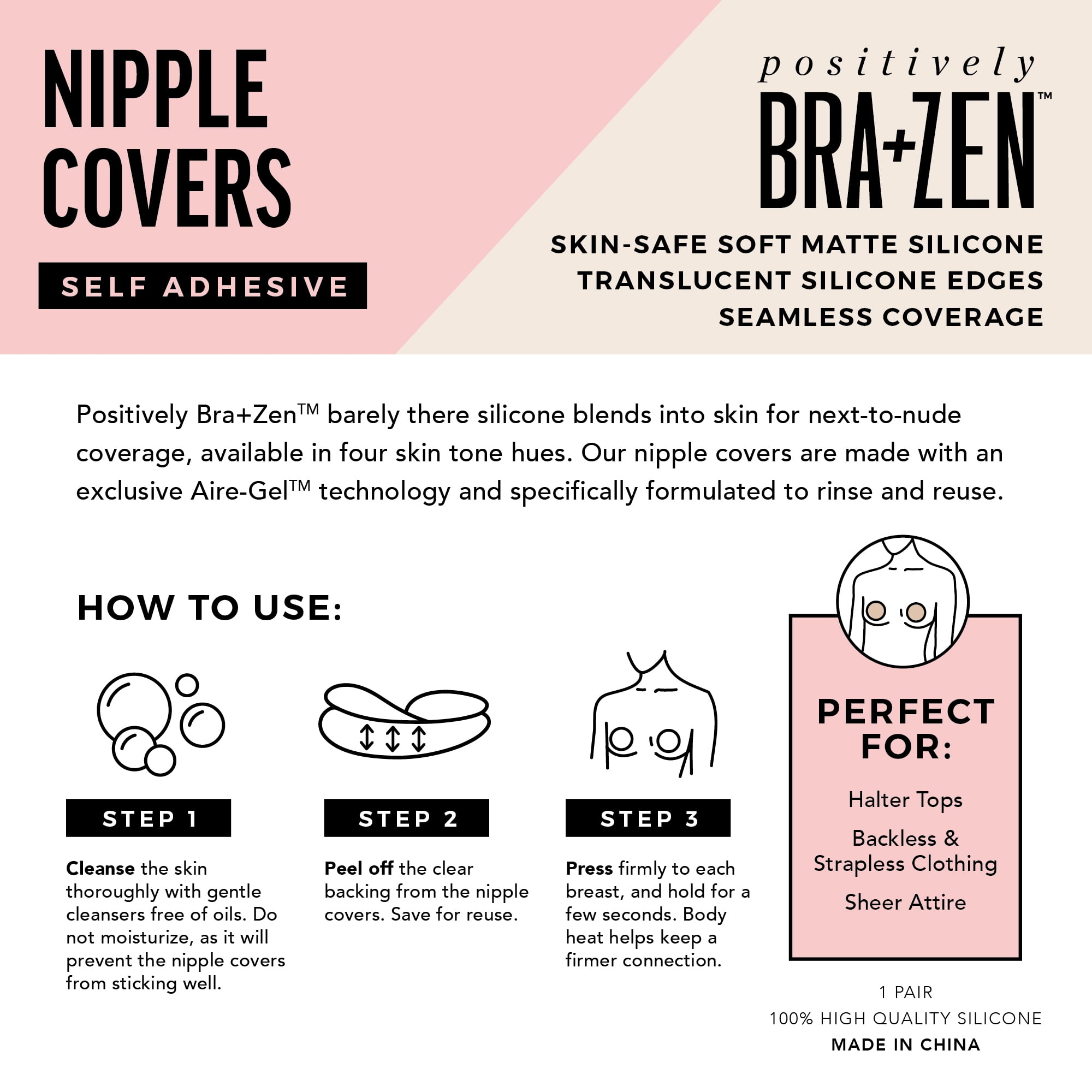Positively BRA+ZEN Reusable Stick-on Silicone Adhesive Nipple Cover Pasties, Size 1 & 2 Breast Petals