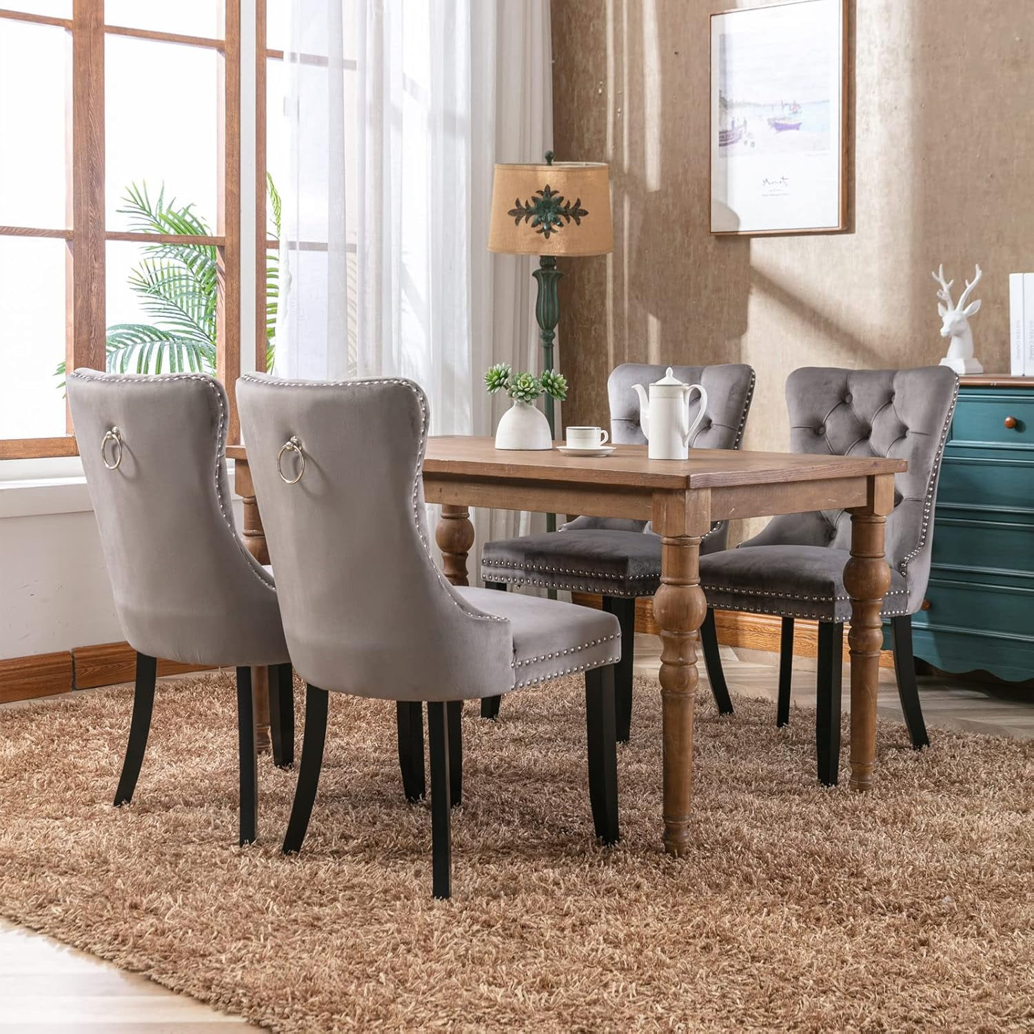 MOONMISS Dining Chairs 2-Pcs Set, High-end Velvet Upholstered Accent Chairs Button Tufted Dining Chairs with Back Ring Pull and Nailhead Trim,Gray
